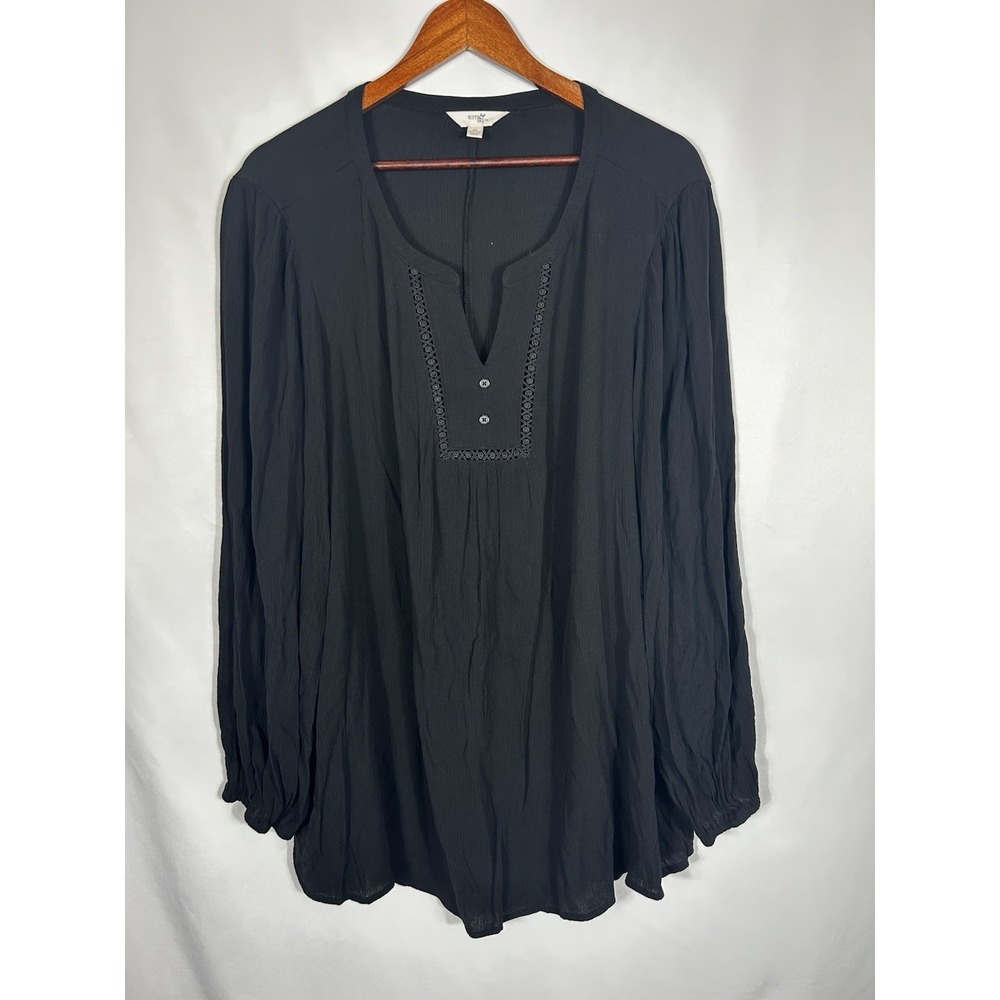 Terra & Sky Black Peasant Blouse Size 3X Bohemian Long Sleeve V-Neck Lightweight